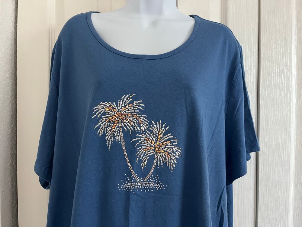 Coral Bay 3X Navy Blue Embellished Palm Tree Top – Plus Size